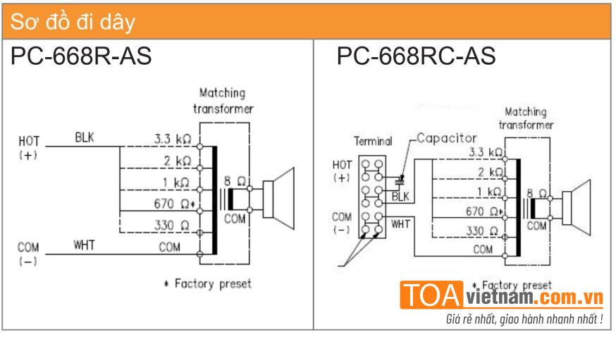 Sơ đồ đi dây loa âm trần 15W PC-668R-AS và PC-668RC-AS