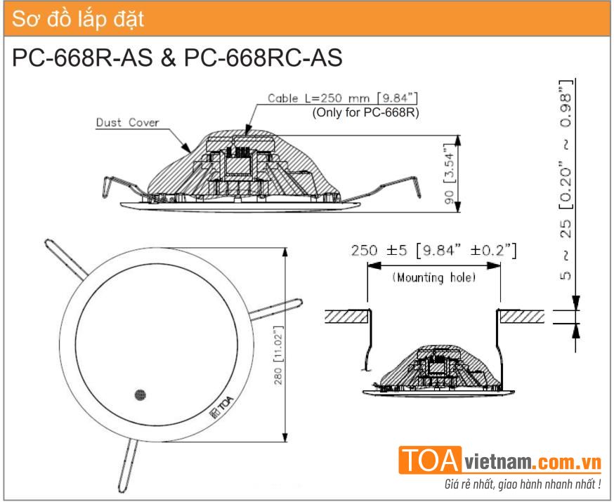 Sơ đồ lắp đặt loa âm trần 15W PC-668R-AS và PC-668RC-AS